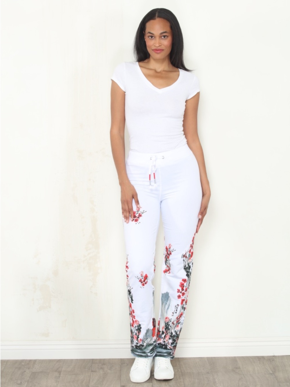 White Floral Print Straight-Leg Drawstring Women’s Pants